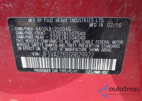 2016 Subaru Wrx Sti Limited из США, поврежденный, VIN JF1VA2Z61G9829922